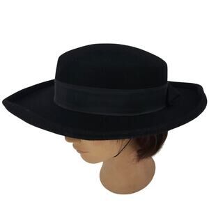 Vintage 1970's Sonni Black wool felt Cartwheel Bolero Boater Style Hat